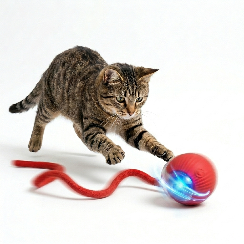 Interactive ball toy for cats: automatic rolling, artificial tail, rechargeable battery, smart electric pet toy.