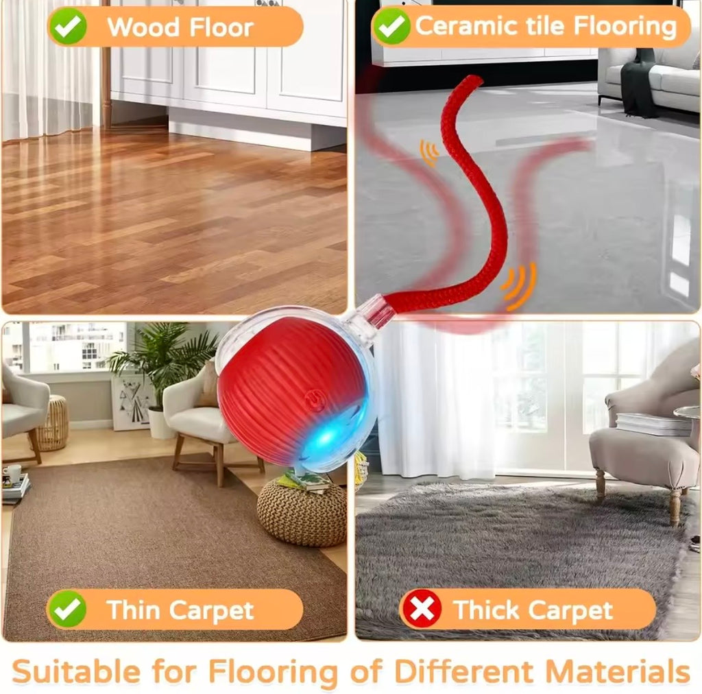 Interactive ball toy for cats: automatic rolling, artificial tail, rechargeable battery, smart electric pet toy.